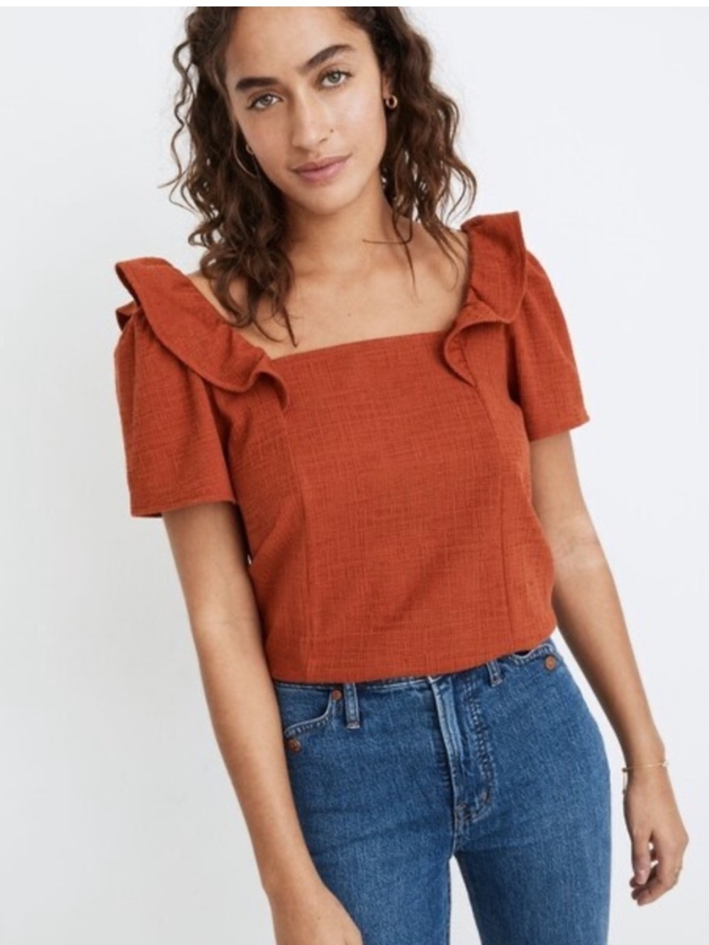 Madewell Crosshatch Ruffled Top Blouse Orange Rusty Torch